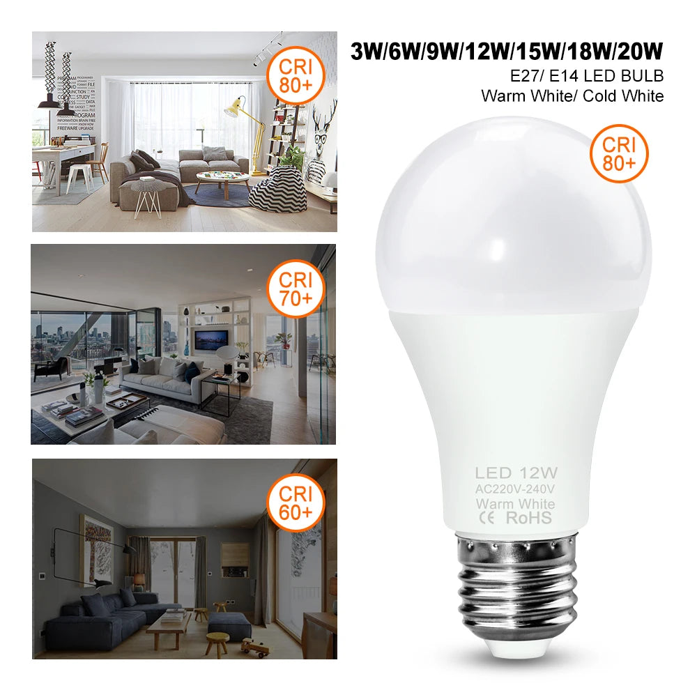 LED Bulb E27 Lamp 220V Lights E14 Spotlight 240V Lampada Leds Chandeliers 3W 6W 9W 12W 15W 18W 20W Bombillas For Home Ampoule