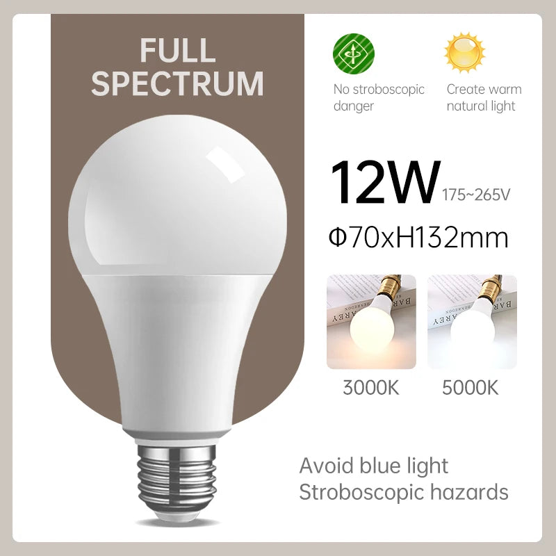 LED Full Spectrum Bulb E27 5W 7W 12W 15W 18W Led Bulb no flickering warm white light to adapt to the study Eye protection bulb